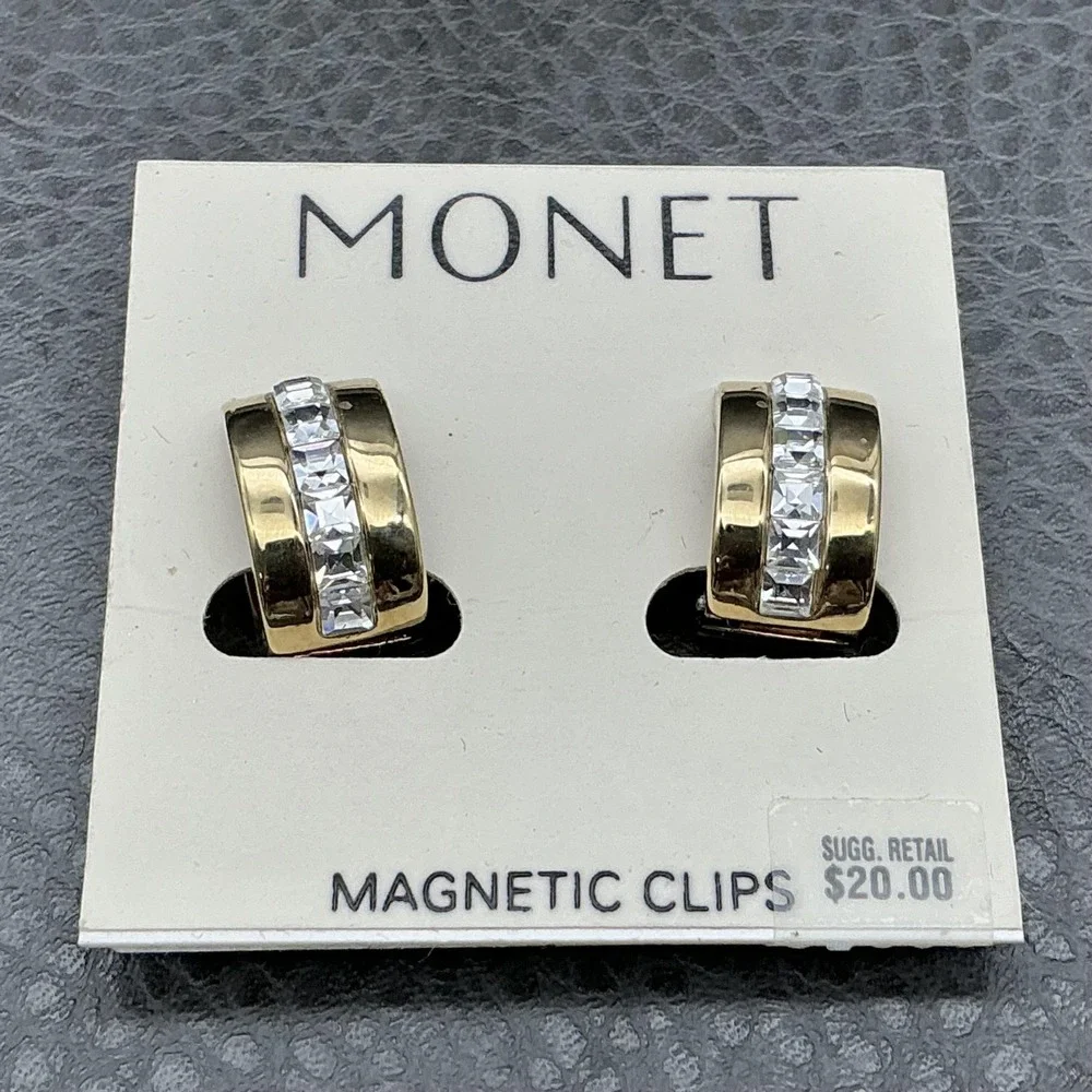 Monet Earrings Gold Tone Crystal Huggie Hoop Womens Magnetic‎ Fashion Jewelry